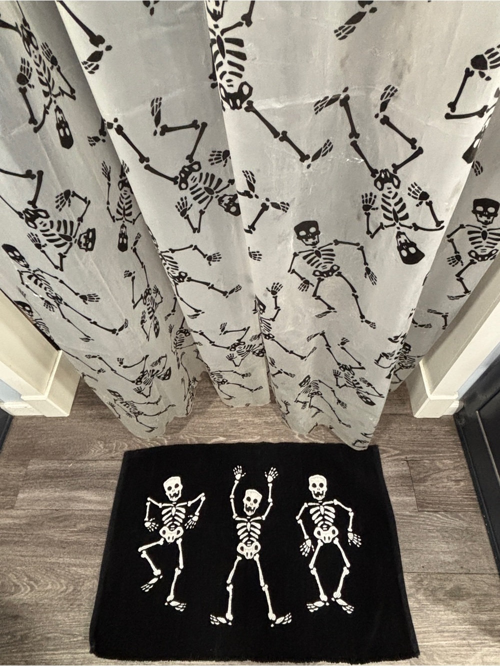 Halloween Skeleton Shower Curtain and Set of 2 Bath Mats - Black & White
